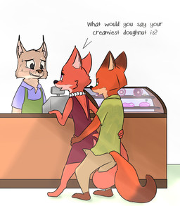 4_fingers age_difference anthro anthro_on_anthro asking asking_another asking_what barefoot black_nose bodily_fluids breasts brown_body brown_fur brown_tail business cash_register cheek_tuft clothed clothed_sex clothing dessert dialogue dipstick_ears dipstick_tail doughnut dress ear_markings exhibitionism eye_contact eyebrows eyelashes facial_tuft feet female female_on_anthro fingers fluffy fluffy_tail food fully_clothed fur gem genitals green_eyes group half-closed_eyes hands_behind_back hands_on_waist happy happy_sex hot_dogging humanoid_hands inner_ear_fluff inside jewelry looking_at_another male male/female markings mature_anthro mature_female multicolored_body multicolored_ears multicolored_fur multicolored_tail narrowed_eyes necklace nervous older_female open_mouth open_smile orange_body orange_fur orange_tail partial_speech_bubble pastry pearl_(gem) pearl_necklace penis public public_sex purple_eyes question sex shirt sign simple_background small_breasts smile standing sweat tail tail_markings talking_to_another text topwear trio tuft unzipped unzipped_pants white_background younger_male zipper caltro visiti disney zootopia lyle_(visiti) mrs._wilde nick_wilde canid canine felid feline fox lynx mammal red_fox true_fox 2017 digital_media_(artwork) english_text incest_(lore) mother_(lore) mother_and_child_(lore) mother_and_son_(lore) parent_(lore) parent_and_child_(lore) parent_and_son_(lore) son_(lore)