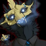 anthro blue_eyes clothed clothing fangs front_view fur grey_body grey_clothing grey_fur grey_topwear looking_at_viewer male necktie open_mouth pattern_necktie simple_background solo striped_necktie teeth topwear transparent_background yellow_body 0ct0m0n0 mythology dragon furred_dragon furred_scalie mythological_creature mythological_scalie scalie 1:1 alpha_channel bust_portrait low_res portrait