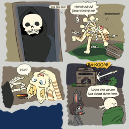 ambiguous_gender angry anthro barefoot black_cloak black_clothing black_eyebrows black_hair black_robe blonde_hair blue_eyes blush blush_lines bone breasts broken_wall brown_stripes brown_tail_tip censored_genitalia censored_vulva chest_(container) clenched_teeth cloak clothing confusion cracked_skull creative_censorship cute_fangs dialogue dipstick_tail doorway dress eyebrows fangs feathered_wings feathers feet female fence flicking flying fur ghost_tail green_clothing grey_body grey_fur group hair halo holding_object hooded_cloak hooded_robe laugh launching looking_up_at_another macro male markings meter micro nude nude_female nude_male open_mouth open_smile pink_nose plant rabbit_ears red_eyes robe shocked size_difference skeleton smile sound_effects speech_bubble standing_in_doorway striped_body striped_fur stripes stuck stuck_in_door tail tail_markings tan_body tan_fur tan_tail teeth text tickling tree wings yellow_teeth young young_anthro young_female young_male bisonvega bunny_boy_(bisonvega) cat_girl_(bisonvega) mom_bunny_(bisonvega) anatid angel animated_skeleton anseriform avian bird domestic_cat duck felid feline felis ghost lagomorph leporid mammal rabbit spirit undead 1:1 2025 censored comic english_text hi_res mother_(lore) mother_and_child_(lore) mother_and_son_(lore) parent_(lore) parent_and_child_(lore) parent_and_son_(lore) son_(lore)