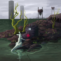 ambiguous_gender feral holding_melee_weapon holding_object holding_polearm holding_spear holding_weapon melee_weapon plant pole polearm reflection sea solo spear water weapon white_body juniperrainz rain_world videocult survivor_(rain_world) felid feline felis hybrid mammal slugcat 1:1 hi_res