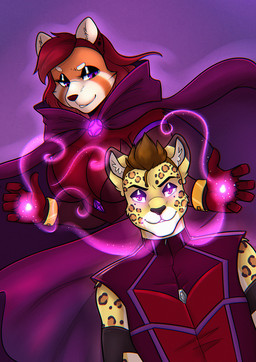 anthro brown_hair clothed clothing duo female fur hair hypnosis looking_at_viewer male male/female mind_control red_body red_fur red_hair simple_background smile spots scarlet-frost ash_(ashkelling) rose_red_(scarlet-frost) ailurid felid leopard mammal pantherine red_panda digital_media_(artwork) hi_res shaded
