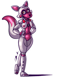 anthro black_nose bow_tie breasts countershade_face countershade_torso countershading dipstick_tail eyelashes female genitals hands_on_hips looking_at_viewer machine markings multicolored_body multicolored_tail nipples nude open_mouth pink_body red_bow simple_background solo speaker standing tail tail_markings teeth two_tone_body vulva white_background white_body yellow_eyes bassybefuddle conditional_dnp five_nights_at_freddy's scottgames sister_location funtime_foxy_(fnaf) animatronic canid canine fox mammal robot 2018 digital_media_(artwork)