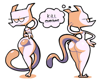 2_fingers 2_toes ambiguous_gender anthro big_butt butt crossed_arms feet fingers frown glistening glistening_tail grumpy half-closed_eyes hands_on_hips hands_on_own_hips looking_aside multicolored_text narrowed_eyes purple_tail small_waist solo standing tail text thick_thighs thought_bubble toes two_tone_text wasp_waist white_body wide_hipped_ambiguous wide_hipped_anthro wide_hips thatkattyoinky nintendo pokemon generation_1_pokemon legendary_pokemon mewtwo pokemon_(species) english_text shaded