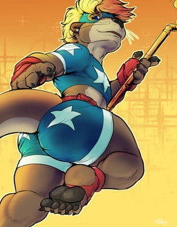 anthro blue_bottomwear blue_clothing blue_eyes blue_pants bottomwear brown_body brown_fur butt claws clothed clothed_anthro clothed_male clothing ear_piercing feet fur hotpants low-angle_view male membrane_(anatomy) otter_tail pants piercing shorts simple_background smile solo staff star_ear_piercing tan_body tan_fur toes webbed_feet webbed_hands whiskers yellow_background pandottermon toma_(pandottermon) mammal mustelid otter 2026 colored dated hi_res signature
