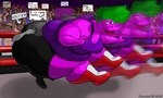 ambiguous_gender anthro belly big_belly big_breasts big_butt boots bottomwear breasts butt butt_bump clothed clothing crowd duo female fighting_ring footwear green_hair group hair huge_butt hyper hyper_butt larger_female obese obese_anthro obese_female overweight overweight_anthro overweight_female placard purple_body shoes size_difference smaller_ambiguous solo_focus text topwear wrestling kazecat bertha_(kazecat) unnamed_character common_hippopotamus hippopotamid mammal 2005 digital_media_(artwork)