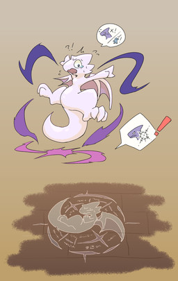 after_transformation ambiguous_gender bodily_fluids claws feral flattened iconography inanimate_transformation magic membrane_(anatomy) membranous_wings open_mouth runes scales solo speech_bubble stone_wall tears transformation wall_(structure) wings kareha_21909 mythology dragon mythological_creature mythological_scalie scalie hi_res