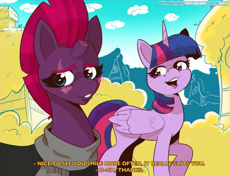blue_hair blush broken_horn clothed clothed_feral clothing dialogue duo eye_scar eyebrow_through_mane eyelashes facial_scar feathered_wings feathers female female_feral feral hair horn looking_at_another looking_away multicolored_hair open_mouth outside pupils purple_body purple_eyes quadruped red_hair scar smile tail text wings saturdaymorningproj friendship_is_magic hasbro my_little_pony my_little_pony:_the_movie_(2017) mythology tempest_shadow_(mlp) twilight_sparkle_(mlp) equid equine mammal mythological_creature mythological_equine unicorn winged_unicorn colored digital_drawing_(artwork) digital_media_(artwork) hi_res