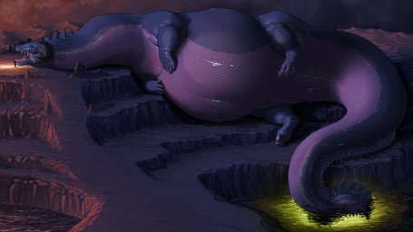 belly big_belly female feral horn macro outside overweight solo meanybeany mythology dragon mythological_creature mythological_scalie scalie 16:9 2024 hi_res tagme widescreen