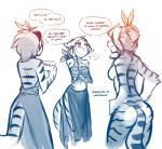2018 accessory aerith_(twokinds) annoyed anthro backless_clothing backless_dress blush bottomwear breasts butt casual_nudity clothed clothing conditional_dnp dialogue dress ears_back ellipsis english_text feather_in_hair feathers featureless_breasts felid female fur group hair hair_accessory hand_on_cheek hand_wraps hands_on_hips heart_symbol hi_res holding_object iris_(twokinds) keidran letter loincloth mammal midriff monochrome navel nude pantherine pivoted_ears ponytail reading rear_view side_boob side_slit side_slit_clothing side_slit_skirt simple_background sketch skirt smile striped_body striped_fur stripes text therie_sah-van tiger tom_fischbach twokinds white_background wraps