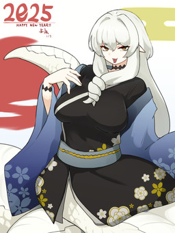 apode asian_clothing big_breasts breasts clothing east_asian_clothing fangs female forked_tongue hair japanese_clothing legless obi scales serpentine solo split_form teeth tongue tongue_out white_body white_hair white_scales yellow_eyes yonaga draconcopode humanoid lamia reptile scalie snake 2025 3:4 hi_res