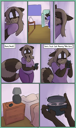 anthro bed big_breasts breasts cellphone clothed clothing earbuds electronics female fluffy fluffy_tail fully_clothed furniture headphones huge_breasts incestuous_fantasy phone smartphone solo tail temptation text dirty_bunny marissa_keys mammal procyonid raccoon comic english_text incestuous_temptation_(lore)