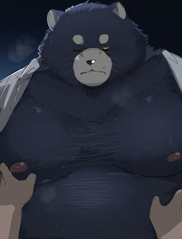 anthro belly big_belly clothed clothing duo humanoid_hands kemono male moobs nipples one_eye_closed open_clothing open_shirt open_topwear overweight overweight_male shirt solo_focus topwear trail_arnak domestic_cat felid feline felis mammal 2026 hi_res