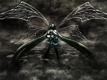 armwear black_face clothing dark detached_sleeves dress female green_hair hair insect_wings long_hair solo twintails_(hairstyle) wings deino_(artist) vocaloid hatsune_miku fairy humanoid winged_humanoid 2009 3d_(artwork) 4:3 autodesk_3ds_max_(artwork) digital_media_(artwork)