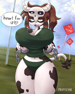 anthro big_breasts breast_squish breasts brown_hair clothing female green_clothing hair holding_breast huge_breasts markings skull_accessory solo spots spotted_body squish tail tail_tuft thick_thighs toony tuft white_body wide_hips mottitax bovid bovine cattle mammal 4:5 absurd_res hi_res