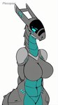 anthro blush breast_play breast_squish breasts cleavage clothed clothing female green_body grey_body heart_symbol hearts_around_head holding_breast multicolored_body solo squish visor plecopsar synth_(vader-san) 2d_animation animated short_playtime