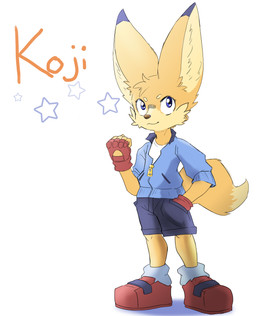 anthro big_ears blue_eyes bottomwear cheek_tuft clothing dipstick_tail facial_tuft fingerless_gloves footwear fur gloves hand_in_pocket handwear jacket long_tail male markings pockets pointy_ears shoes shorts small_eyebrows snout solo star tail tail_markings text topwear tuft yellow_body yellow_fur young actualpendragon koji_(actualpendragon) canid canine fennec_fox fox mammal true_fox absurd_res digital_drawing_(artwork) digital_media_(artwork) hi_res