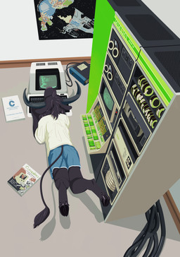 2_horns ambiguous_gender anthro barefoot binder_(object) book cathode_ray_tube clothed clothed_anthro clothing computer electronics feet high-angle_view hooves horn inside lying on_front poster reel-to-reel_computer solo tail text vintage_computer monoxromatik c_(programming_language) digital_equipment_corporation european_mythology greek_mythology mythology bovid bovine mammal minotaur 2022 absurd_res digital_drawing_(artwork) digital_media_(artwork) english_description english_text hi_res