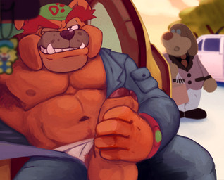 anthro armpit_hair balls beanie being_watched black_nose body_hair car clothed clothing coveralls detailed_background duo erection exhibitionism eye_contact eyebrows foreskin fur genitals happy_trail hat headgear headwear humanoid_genitalia humanoid_penis inside_car inside_vehicle looking_at_another male masturbation musclegut muscular muscular_male navel nipples one_eye_closed open_coveralls orange_body orange_fur outside partially_clothed pecs penile penile_masturbation penis penis_poking_out penis_through_fly plant pubes public public_masturbation seductive sitting sky smile solo_focus spread_legs spreading stubble sunset teeth thick_penis tree tusks underwear vehicle wink spectral-bat nintendo warioware dribble_(warioware) joe_(warioware) bulldog canid canine canis domestic_dog mammal mastiff molosser 2018 digital_media_(artwork)