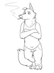 anthro cigarette crossed_arms female leaning solo skunkbutt_(artist) disney pack_street zootopia betty_(weaver) canid canine canis mammal wolf hi_res line_art monochrome