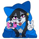 4_fingers anthro black_hair black_nose cellphone claws clothing cute_fangs electronics eyelashes fangs female female_anthro finger_claws fingers fur furgonomics gesture grey_body grey_fur hair hand_gesture holding_cellphone holding_object holding_phone holding_smartphone hoodie kemono looking_at_viewer phone pink_eyes smartphone solo teeth text text_on_clothing topwear v_sign wanda_yu okami-san_(wanda_yu) canid canine canis mammal wolf 1:1 2025 bust_portrait digital_media_(artwork) hi_res icon japanese_text portrait translation_request