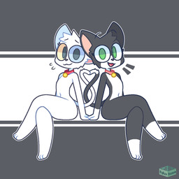 3_toes anthro black_body black_eyebrows black_fur bodily_fluids closed_smile collar crossed_legs dipstick_tail duo eyebrows eyelashes feet female femboy flying_sweatdrops fur gloves_(marking) grey_background heterochromia logo looking_at_viewer male markings mouth_closed navel open_mouth open_smile pink_collar pink_inner_ear pink_nose raised_eyebrows red_collar simple_background sitting smile sweat sweatdrop tail tail_markings text toes white_body white_feet white_fur white_hands aiyhav_nouneim meloncholy_(aiyhav_nouneim) neko_obama_(aiyhav_nouneim) domestic_cat felid feline felis mammal 1:1 2021 artist_logo artist_name