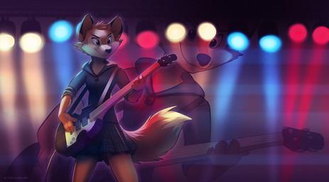 anthro bass_guitar blowup_background clothed clothing dipstick_tail female fur guitar hoodie markings multicolored_tail musical_instrument plucked_string_instrument simple_background solo string_instrument tail tail_markings topwear koul rock_dog darma_(rock_dog) canid canine fox mammal 2017 digital_media_(artwork)