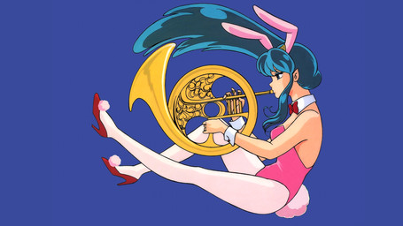 1980s_theme animal_ears blue_background blue_hair bow_tie brass_instrument clothing cone_horns cuff_(restraint) fake_ears fake_tail female floating_hair footwear hair high_heels horn horn_(musical_instrument) legwear leotard long_hair music musical_instrument oldschool pantyhose pink_clothing pink_leotard playboy_bunny playing_music pom_pom_(clothes) profile rabbit_ears red_clothing red_footwear restraints retro_artstyle scut_tail shirt_collar shoes short_tail simple_background solo strapless_clothing strapless_leotard tail trumpet white_clothing white_legwear white_pantyhose wind_instrument wrist_cuffs unknown_artist asian_mythology east_asian_mythology japanese_mythology mythology urusei_yatsura alien demon humanoid oni yokai 16:9 full-length_portrait hi_res official_art portrait widescreen