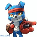 accessory anthro blue_body blue_fur boxing_gloves clothing digivice fur handwear headband looking_at_viewer male simple_background smile solo white_background yellow_eyes watagashikn bandai_namco digimon vital_bracelet_digital_monster canid canine digimon_(species) gaomon mammal 1:1 hi_res