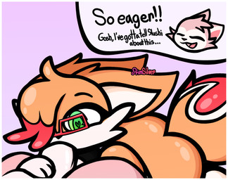 ambiguous_gender anthro dialogue duo eyewear fellatio genitals glasses green_eyes gynomorph heart_eyes heart_symbol highlights_(coloring) humanoid_genitalia humanoid_penis intersex oral paws penile penis sex simple_background text primsilver chikn_nuggit milkshek_(chikn_nuggit) pommgranted_(chikn_nuggit) canid canine fox mammal english_text hi_res shaded signature nonbinary_(lore)