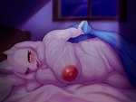 anthro areola bedroom bedroom_eyes belly big_breasts blush breasts fat_rolls female floppy_ears fur genitals horn inside inviting inviting_under_covers looking_at_viewer lop_ears lying mature_anthro mature_female narrowed_eyes navel night nipples nude on_side open_mouth open_smile pussy red_eyes seductive slightly_chubby slightly_chubby_anthro slightly_chubby_female smile solo tongue under_covers white_body white_fur asutatinn61 undertale undertale_(series) toriel boss_monster_(undertale) bovid caprine mammal 2024 absurd_res hi_res