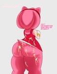 accessory anthro big_butt bodily_fluids bracelet butt clothed clothing cum cum_on_butt cum_on_clothing dialogue dress female genital_fluids gloves gold_(metal) gold_bracelet gold_jewelry hair_accessory hairband handwear jewelry looking_away no_underwear pink_body solo tail tan_body tan_skin thick_thighs oysyo_r18 sega sonic_the_hedgehog_(series) amy_rose eulipotyphlan hedgehog mammal hi_res