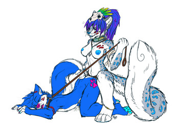 anal anal_penetration anthro barefoot big_tail blue_body blue_fur blue_hair blue_spots bodily_fluids breasts collar collar_only cum cum_while_penetrated dominant dominant_female duo feet female female_penetrating female_penetrating_male fur genital_fluids hair holding_tail leash leash_pull male male/female male_penetrated markings nipples nude object_in_ass open_mouth pegging penetration sex sex_toy sex_toy_in_ass sex_toy_insertion smile spots submissive submissive_male tail tail_grab toying_partner tribal tribal_markings tekkymunster mistie tekky_(tekkymunster) canid canine canis felid leopard mammal pantherine snow_leopard wolf absurd_res hi_res