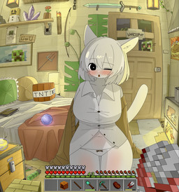 anthro bed bedroom big_breasts blade_shears blush bodily_fluids box breasts cleavage clothed clothing container crystal diary door explosives female first_person_view for_a_head fur furnace furniture gameplay_mechanics glowing_orb gui hair health_bar hud inside inventory jack-o'-lantern kemono melee_weapon one_eye_closed open_mouth pajama_shirt panties pillow plant_pot pumpkin_head shelf solo sweat sword tnt underwear weapon welcome_sign white_body white_fur white_hair wide_hips doremifaso64 mikeyama microsoft minecraft minecraft_sheep_fucker mojang xbox_game_studios creeper_(minecraft) domestic_cat felid feline felis golem_(minecraft) mammal object_head snow_golem_(minecraft) hi_res