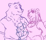 bottomwear clothed clothing collared_shirt denim denim_bottomwear denim_clothing fur group hair jeans pants shirt smile tank_top topwear trio katlovesshrimp bramble_(katlovesshrimp) bear cougar domestic_cat felid feline felis mammal absurd_res hi_res sketch