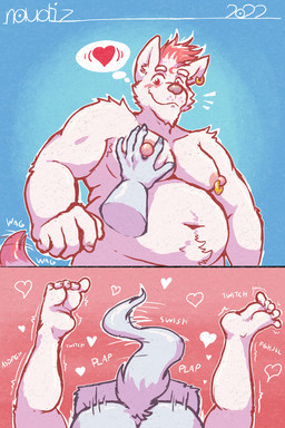 5_toes anthro belly biceps blush body_hair butt crescent_moon duo ear_piercing ear_ring feet fluffy fluffy_tail flustered from_front_position hair happy_trail head_markings lying male male/male markings missionary_position moobs moon multicolored_hair nipple_piercing nipple_ring nipples on_back overweight overweight_male pec_grab pecs piercing plantigrade ring_piercing sex smile solo_focus speech_bubble tail tail_motion tailwag toes two_tone_hair naudiz_(artist) naudiz tzukikage_otxoa_(naudiz) canid canine canis domestic_dog mammal wolf 2022 2:3 comic hi_res