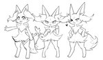 3_fingers 3_toes angry anthro blush cat_smile cheek_tuft claw_pose digitigrade facial_tuft featureless_crotch feet female fighting_pose fingers flat_chested group hands_on_hips heart_symbol inner_ear_fluff looking_at_viewer one_eye_closed pigeon_toed pose smile style_emulation toes tongue tongue_out trio tuft wide_hips wink box_(hajimeyou654) nintendo pokemon braixen generation_6_pokemon pokemon_(species) black_and_white monochrome