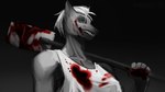 anthro blood blood_on_face blood_on_weapon bodily_fluids clothing female gore hammer shirt showing_teeth solo tools topwear weapon white_clothing white_shirt white_topwear worker kagezite zs410 maro_defor canid canine canis mammal wolf 16:9 hi_res widescreen