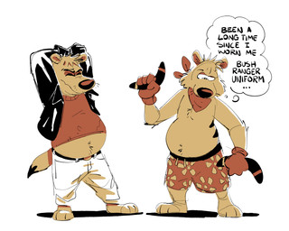 anthro belly boomerang bottomwear clothed clothing jacket kerchief male neckerchief neckwear overweight overweight_male pants raised_clothing raised_shirt raised_topwear shirt simple_background solo stretching swimming_trunks swimwear text thought_bubble topless topless_anthro topless_male topwear white_background white_bottomwear white_clothing white_pants ty_pesh ty_the_tasmanian_tiger_(series) wozza_(ty_the_tasmanian_tiger) dasyuromorph mammal marsupial recently_extinct_species thylacine 2025 digital_drawing_(artwork) digital_media_(artwork) english_description english_text hi_res