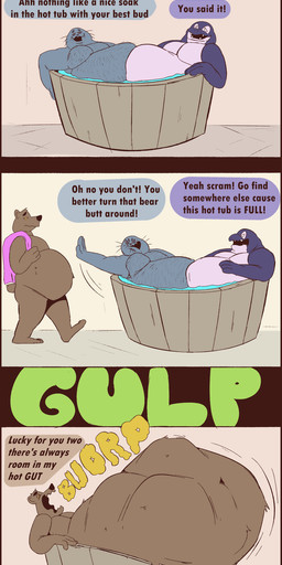 abdominal_bulge anthro black_sclera black_text bloated blue_speech_bubble breaking_object brown_speech_bubble burping chubby_cheeks grey_body group hot_tub male male/male moobs motion_lines multicolored_body nude obese obese_anthro obese_male onomatopoeia oral_vore overweight overweight_anthro overweight_male pink_towel pupils purple_speech_bubble sound_effects stopping_arm text towel towel_on_shoulder trio vore water whiskers white_pupils yellow_text sharkavian ursag_(sharkavian) bear cetacean dolphin mammal marine oceanic_dolphin orca pinniped seal toothed_whale hi_res