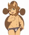 4_fingers ambiguous_gender anthro black_briefs black_clothing black_nose black_underwear briefs brown_body brown_eyes brown_fur brown_hair bulge chest_tuft claws clothed clothing clothing_pull fingers front-print_briefs fur hair happy inner_ear_fluff kemono looking_at_viewer navel open_mouth partially_clothed pawpads paws print_briefs print_clothing print_underwear short_hair simple_background smile solo standing teeth tongue tuft underwear underwear_pull white_background young young_anthro moki_(artist) mammal 2017