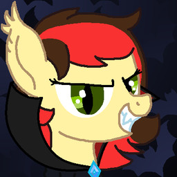 black_clothing brown_hair clothing eyelashes fangs fur green_eyes hair looking_at_viewer multicolored_hair red_hair solo teeth two_tone_hair yellow_body yellow_ears yellow_fur trooper3 hasbro my_little_pony pancake_bat_(trooper3) bat_pony equid mammal 1:1 2020 headshot_portrait low_res portrait
