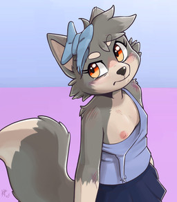 anthro areola blue_bottomwear blue_clothing blue_skirt blush bottomwear breasts bruised clothed clothing damaged_clothing dipstick_tail eyebrows eyelashes female fur grey_body grey_ears grey_fur grey_tail markings multicolored_body nipples one_breast_out orange_eyes partially_clothed pink_areola pink_nipples skirt solo tail tail_markings torn_clothing two_tone_body white_body young young_anthro young_female ajin sierra_(ajin) canid canine canis mammal wolf 2025 hi_res