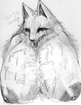 anthro big_breasts bodily_fluids breasts cum cum_everywhere cum_on_breasts cum_on_face cum_on_tongue female genital_fluids hair japanese kemono long_hair messy nipples solo tongue tongue_out cocolog roko_(cocolog) canid canine canis mammal wolf 2015 hi_res monochrome sketch