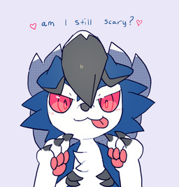 3_claws 3_fingers black_claws black_nose blep blue_body blue_fur blush chest_tuft chibi claws ears_down female fingers fluffy fluffy_chest fur heart_symbol looking_at_viewer pawpads paws pivoted_ears purple_background red_eyes simple_background solo text tongue tongue_out tuft white_body white_fur fiddleafox nintendo pokemon moro_(fiddleafox) canid canine generation_7_pokemon lycanroc mammal midnight_lycanroc pokemon_(species) shiny_pokemon 2017 english_text