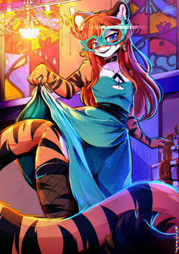 anthro candy chocolate chocolate_fountain clothed clothing clothing_lift collar crossdressing dessert dress dress_lift femboy fishnet_stockings food fountain lamp legwear male mask solo stockings kurokey xandy felid mammal pantherine tiger absurd_res hi_res