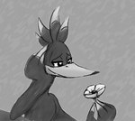 anthro beak eyelashes feather_hands feathers female feral flower gift grey_background hand_on_own_face holding_flower holding_object lidded_eyes looking_at_flower looking_at_object looking_at_plant plant simple_background smile solo thelittlebluebird banjo-kazooie rareware kazooie avian breegull 2010 colored_sketch digital_media_(artwork) digital_painting_(artwork) greyscale half-length_portrait monochrome portrait sketch