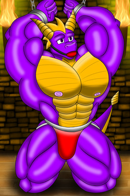anthro anthrofied ball_gag barazoku bdsm biceps big_muscles bondage bound captured clothed clothing cuffed_wrists gag horn huge_thighs jockstrap jockstrap_only kneeling male muscular muscular_anthro muscular_male nipples non-mammal_nipples pecs solo thick_thighs topless underwear underwear_only ashenthebeast activision mythology spyro_the_dragon spyro dragon mythological_creature mythological_scalie scalie 2:3 hi_res