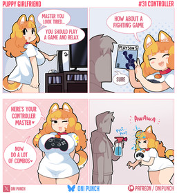 >_< assertive_female assertive_humanoid big_breasts black_eyes blonde_hair blue_eyes brand_parody breasts clothing collar dialogue duo electronics eyelashes eyes_closed faceless_character faceless_human faceless_male female hair holding_object huge_breasts long_hair male one_eye_closed open_mouth red_collar shirt spray_bottle tail television text tongue tongue_out topwear water wet white_clothing white_shirt white_topwear wink onigiri_punch playstation playstation_5 sony_corporation sony_interactive_entertainment animal_humanoid canid canid_humanoid canine canine_humanoid dog_humanoid human humanoid mammal mammal_humanoid absurd_res comic english_text hi_res