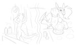 anthro apron bathing biped clothing cooking cookware duo female female_anthro frying_pan kitchen_utensils male male_anthro nude_anthro nude_female shower showering smile tools halbean aubrey_(halbean) hal_(halbean) bat mammal mustelid otter 2024 absurd_res digital_media_(artwork) hi_res monochrome