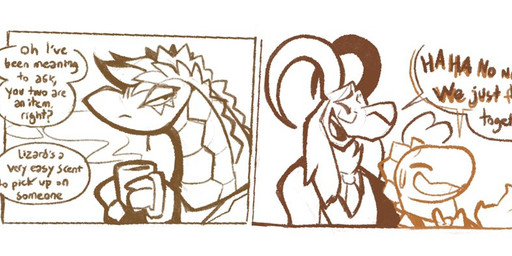 accessory anthro awkward clothing coffee_mug curved_horn dialogue eyes_closed eyewear fangs female fur glasses group horn jacket laugh long_horn male necktie profanity scales shirt speech_bubble teeth text topwear trio vest boot_(artist) carpenter_(boot) montana_(boot) wadi_(boot) bovid caprine goat lizard mammal reptile scalie snake viper 2020 comic english_text sketch